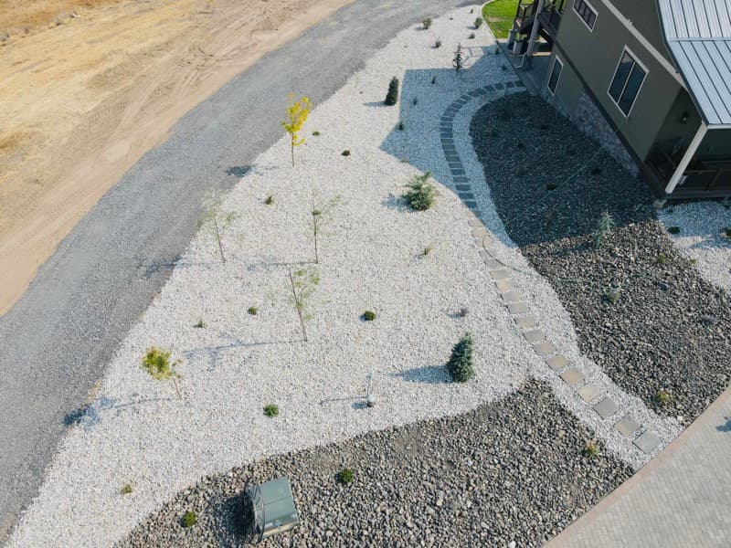 Decorative white rock beds with young trees and a paver border