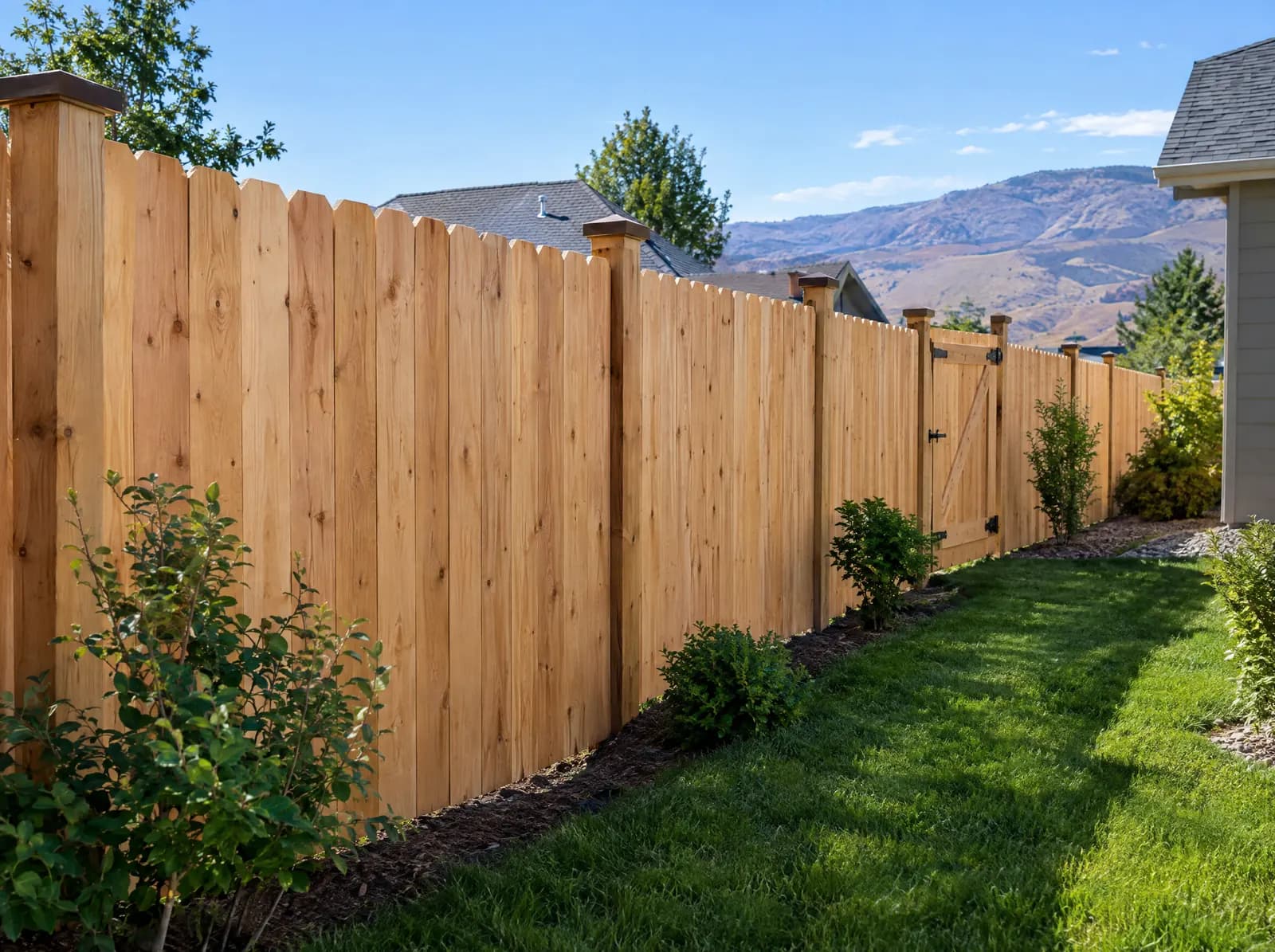 New cedar wood privacy fence along a backyard