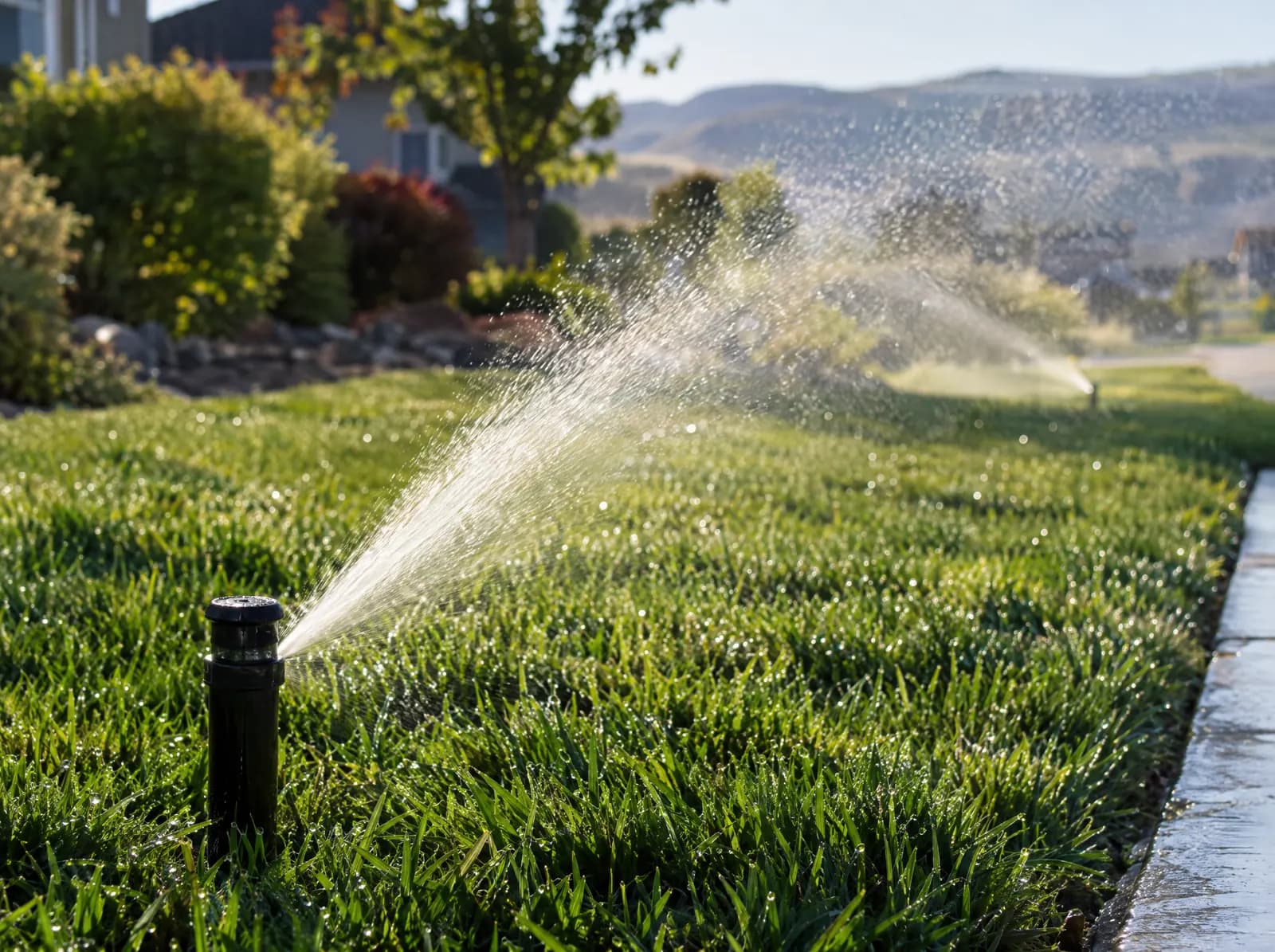 Pop-up sprinkler head watering a green lawn