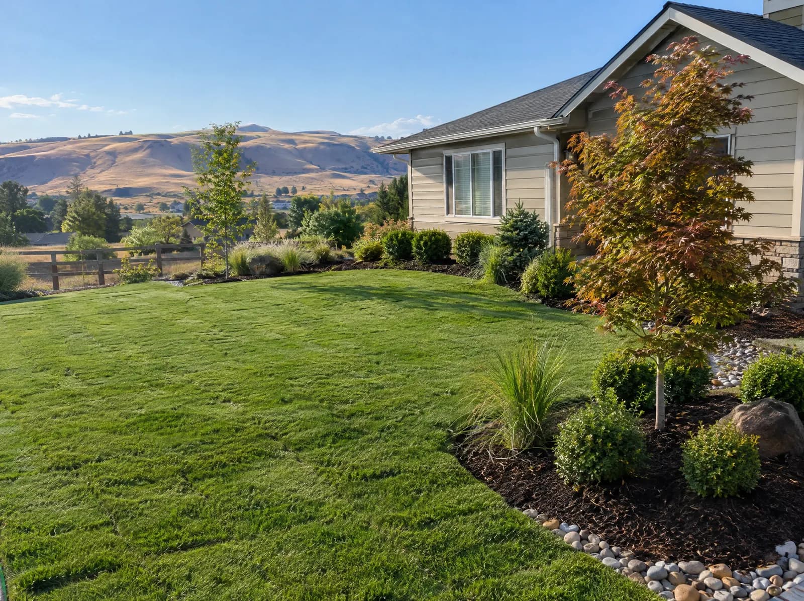 Newly landscaped front yard with fresh sod, mulched planting beds and young trees