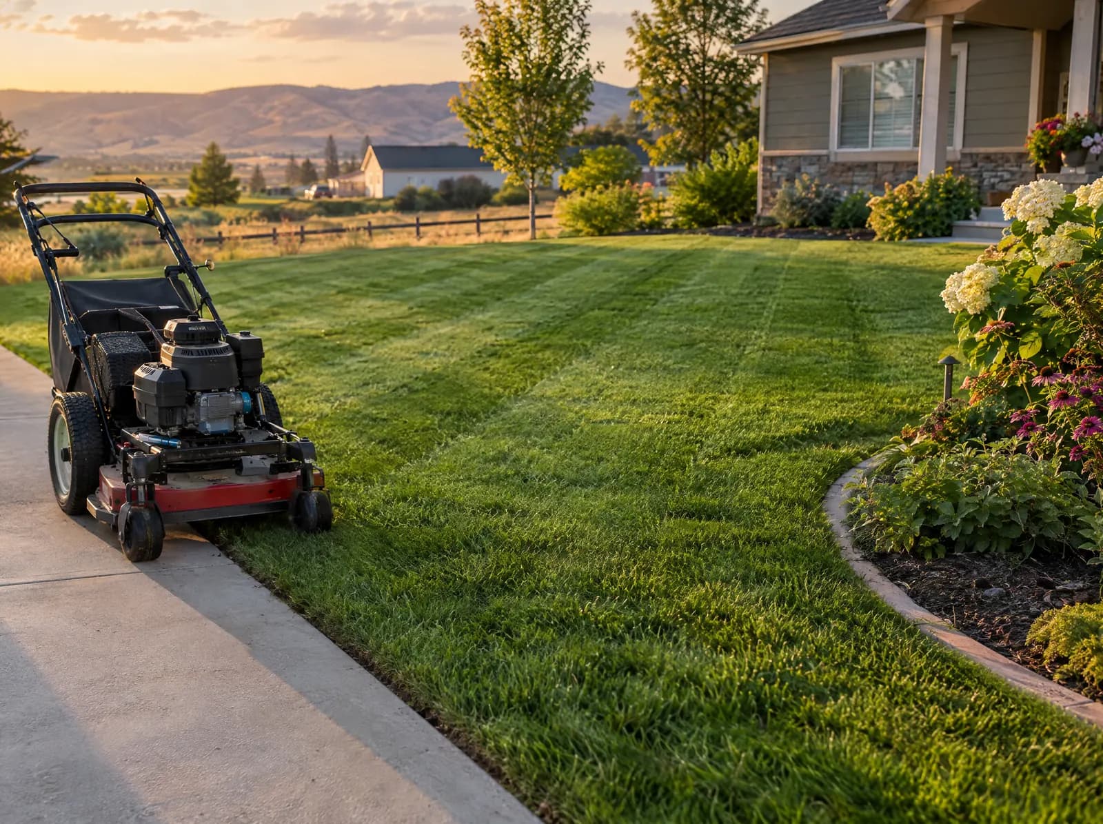 Freshly mowed striped lawn with neatly edged borders