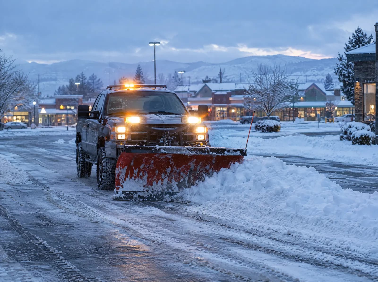 Plow truck clearing snow from a parking lot