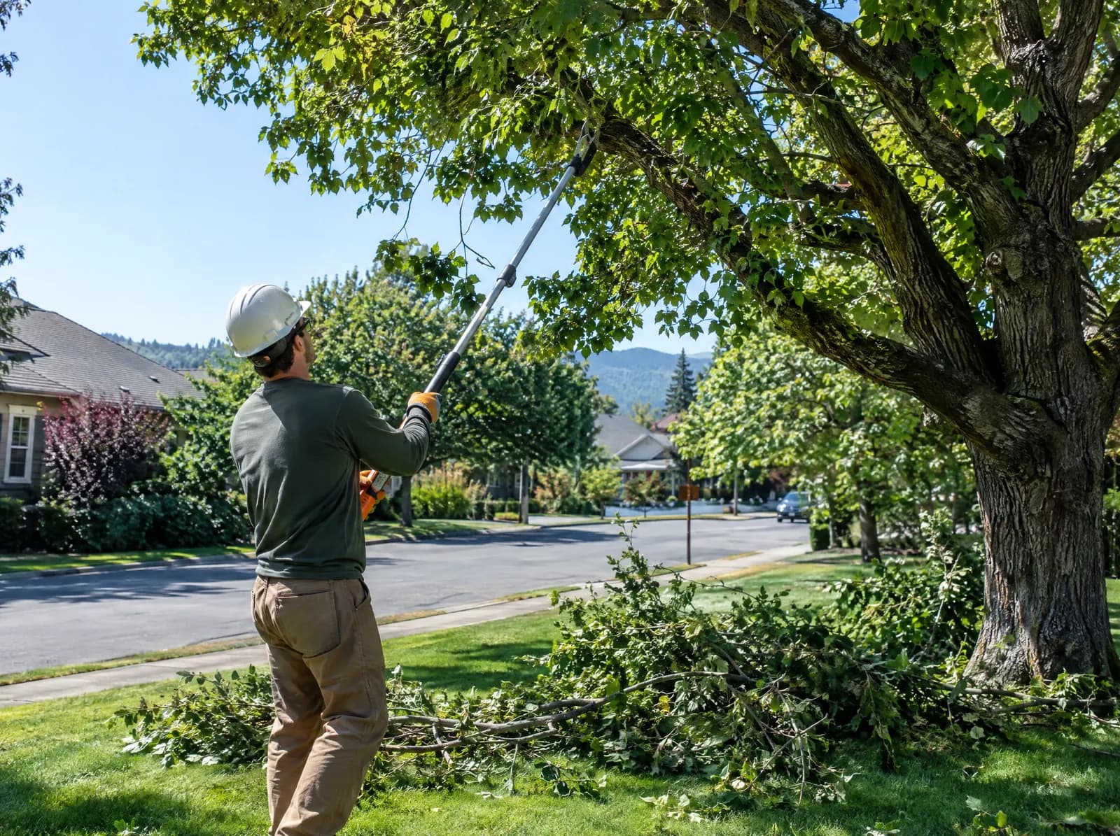Landscaper trimming a shade tree with a pole saw